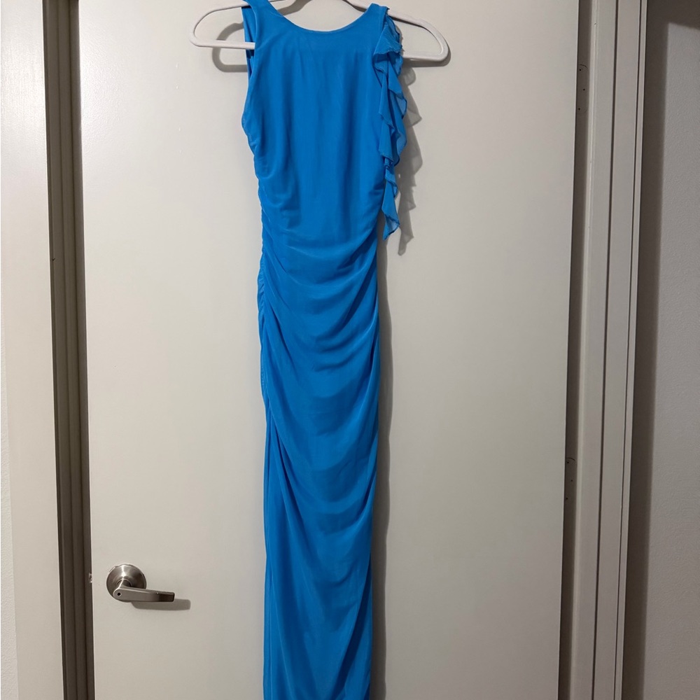 Blue backless ruched dress